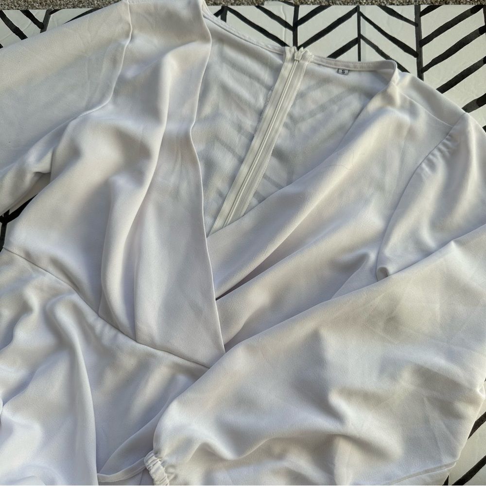 White V-Neck Long Sleeve Flowy Dress